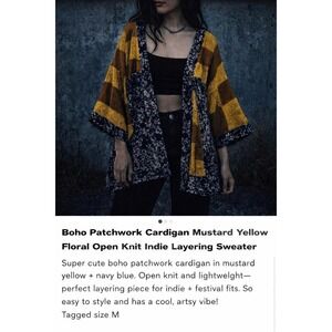 Boho Patchwork Cardigan Mustard Yellow Floral Open Knit Indie Layering Sweater